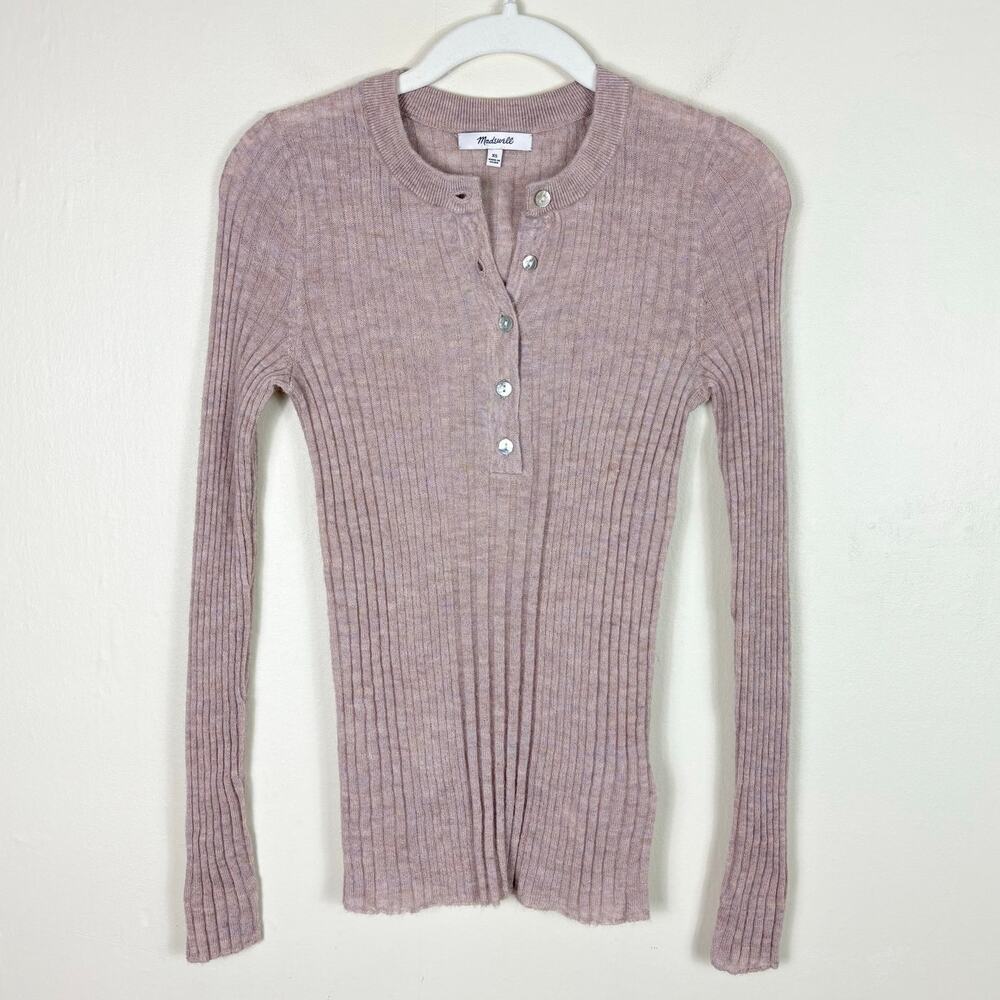 Madewell Lightweight Neutral Ribbed Slim Fit Alpaca Blend Henley Sweater in Sand